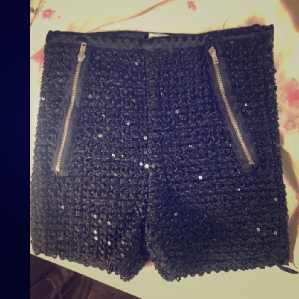 Black high waisted sequined shorts with zippers
